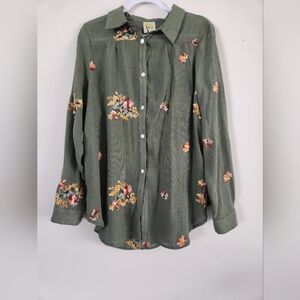 Anthropologie Fig and Flower Green Floral Embroidered Shirt XL